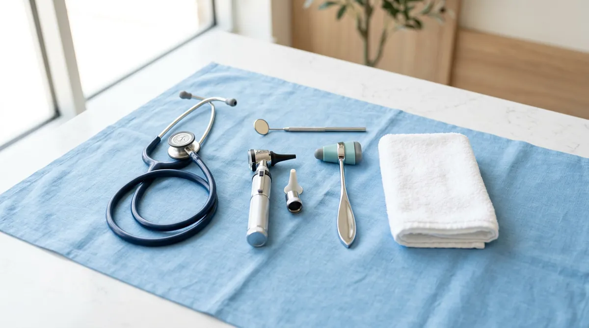 Medical instruments on a blue cloth